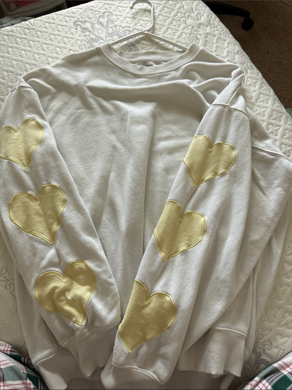 White Sweatshirt with Yellow Heart Sleeve Patches